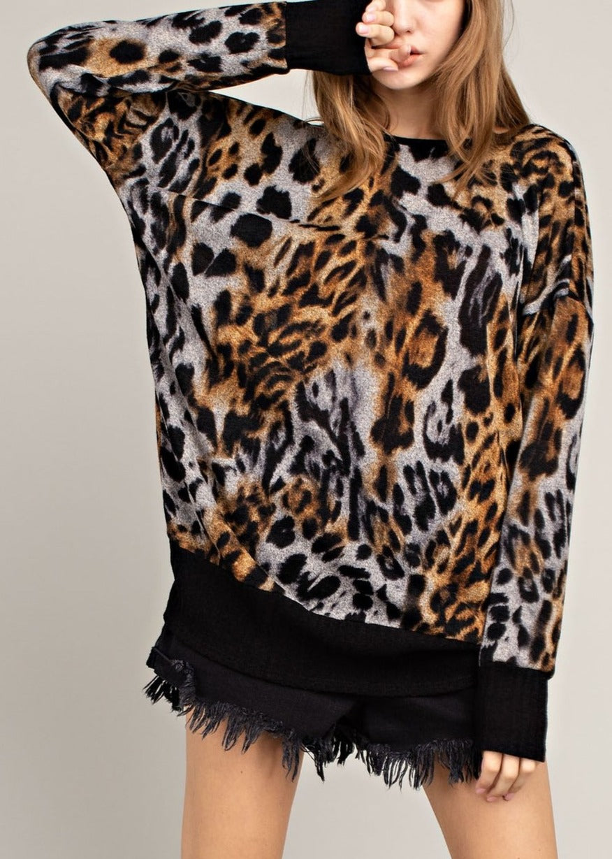 Katya animal print long sleeve oversized open back sweater - Sahvant