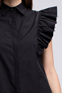 Kruella black button down shirt with structured exaggerated pleated short sleeves - Sahvant