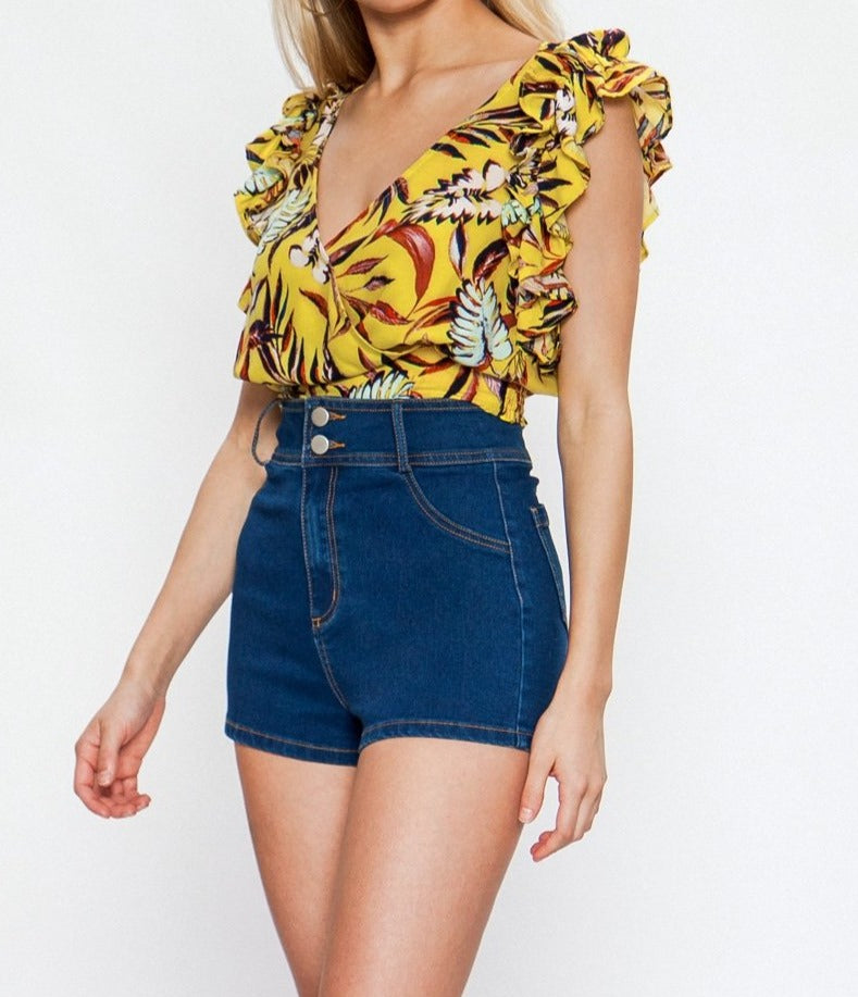 Leaf It To Me yellow mustard faux wrap crop top with plunging neckline - Sahvant
