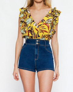 Leaf It To Me yellow mustard faux wrap crop top with plunging neckline - Sahvant