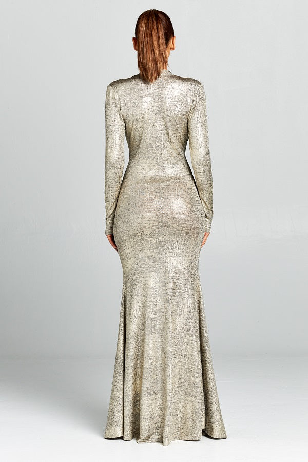 Dynasty gold gown with plunging neckline and front split - Sahvant