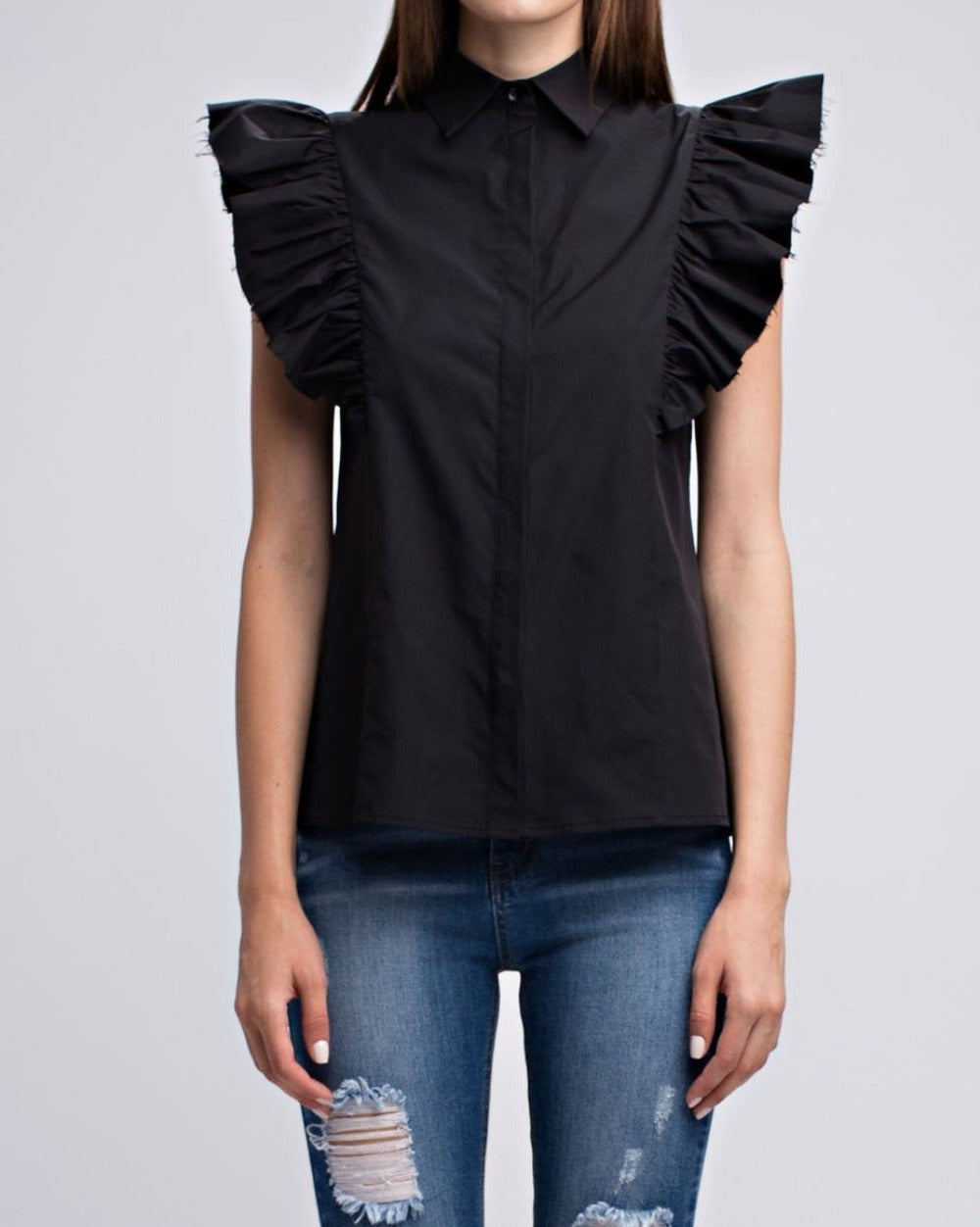 Kruella black button down shirt with structured exaggerated pleated short sleeves - Sahvant