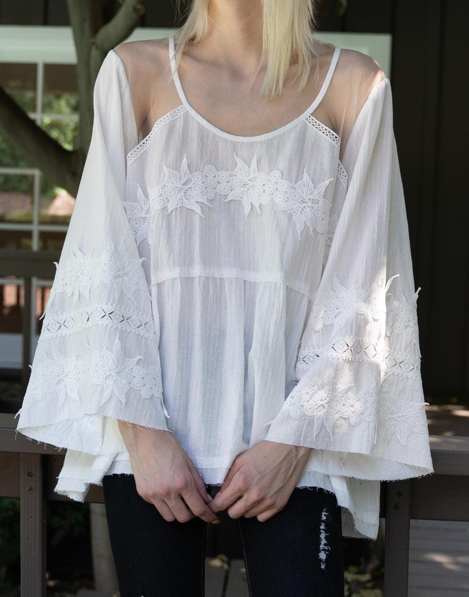 Vintage Vineyards woven cotton embroidered top with bell sleeves and mesh shoulder detail - Sahvant