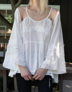 Vintage Vineyards woven cotton embroidered top with bell sleeves and mesh shoulder detail - Sahvant