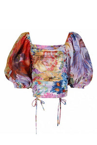 Griselda multi-color crop top with balloon short sleeves - Sahvant