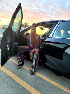 Hood Rich multi color long sleeve striped set with hooded top and wide leg pants - Sahvant