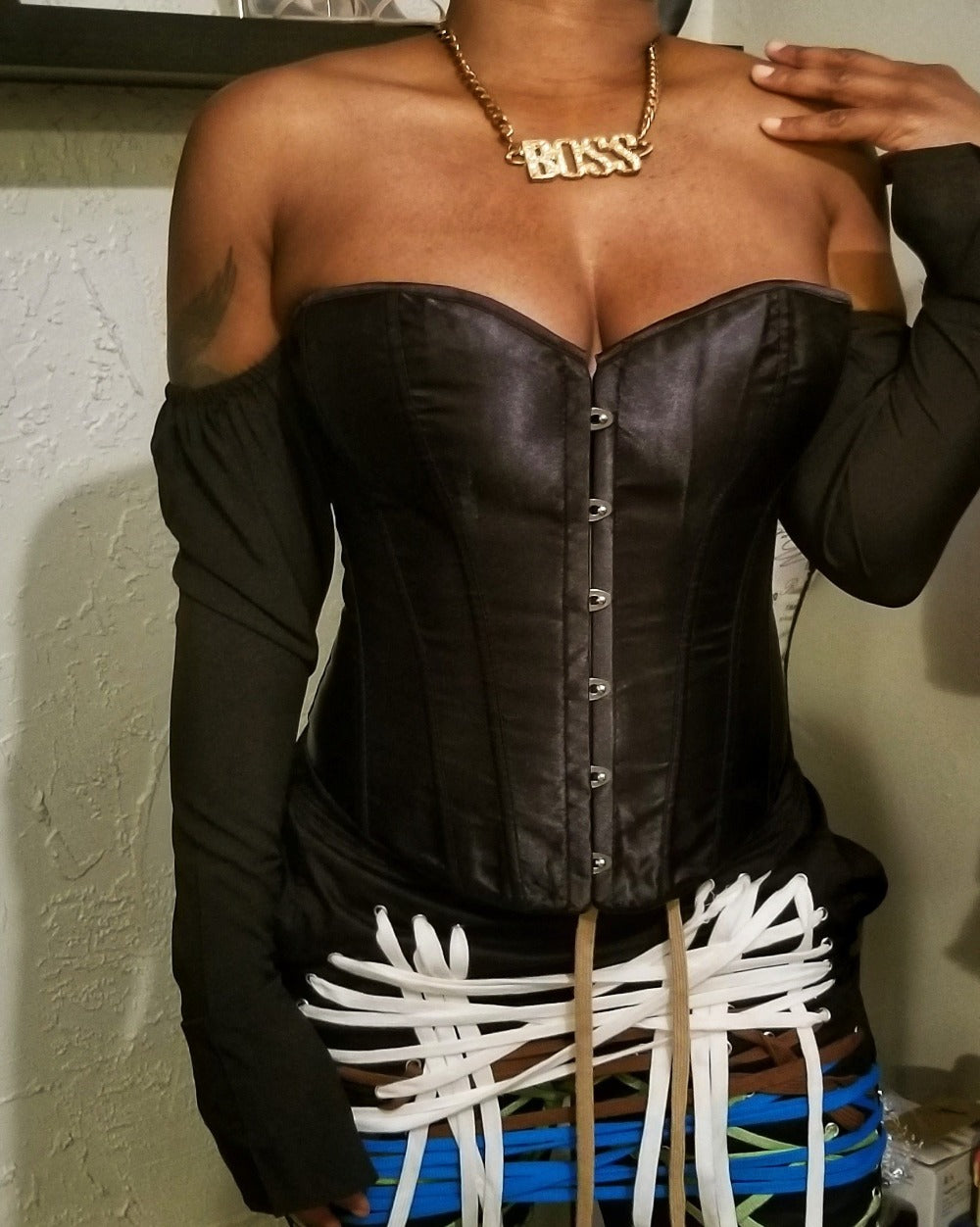 Pin Up Doll black long sleeve off the shoulder bustier corset top - Sahvant